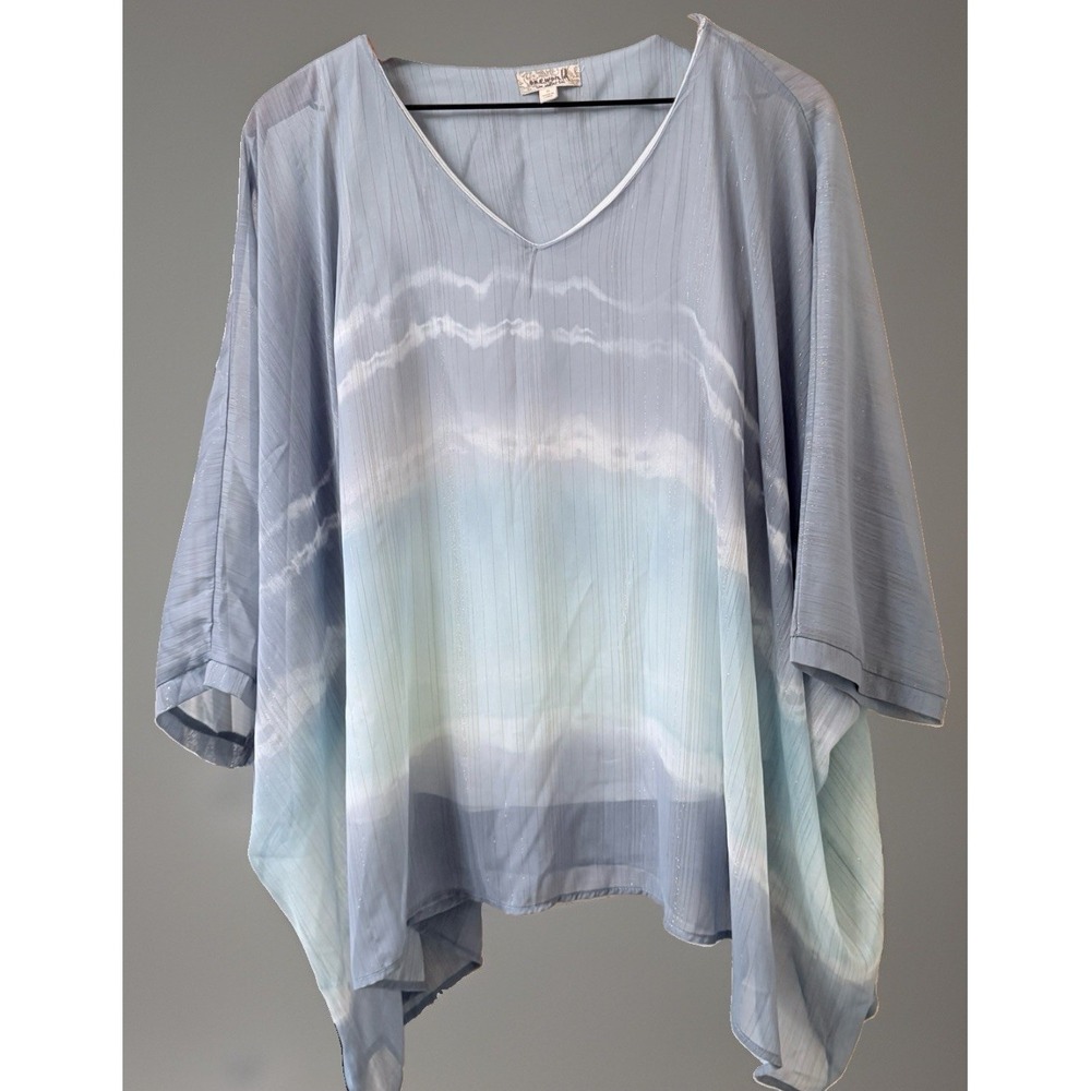 One World Metallic Stripe Tie Dye Sheer Layered Top Sz S Blue Chiffon Poncho